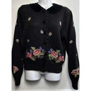 VINTAGE HERMAN GEIST Cardigan Sweater M Black Hand Embroidered Velvet Collar